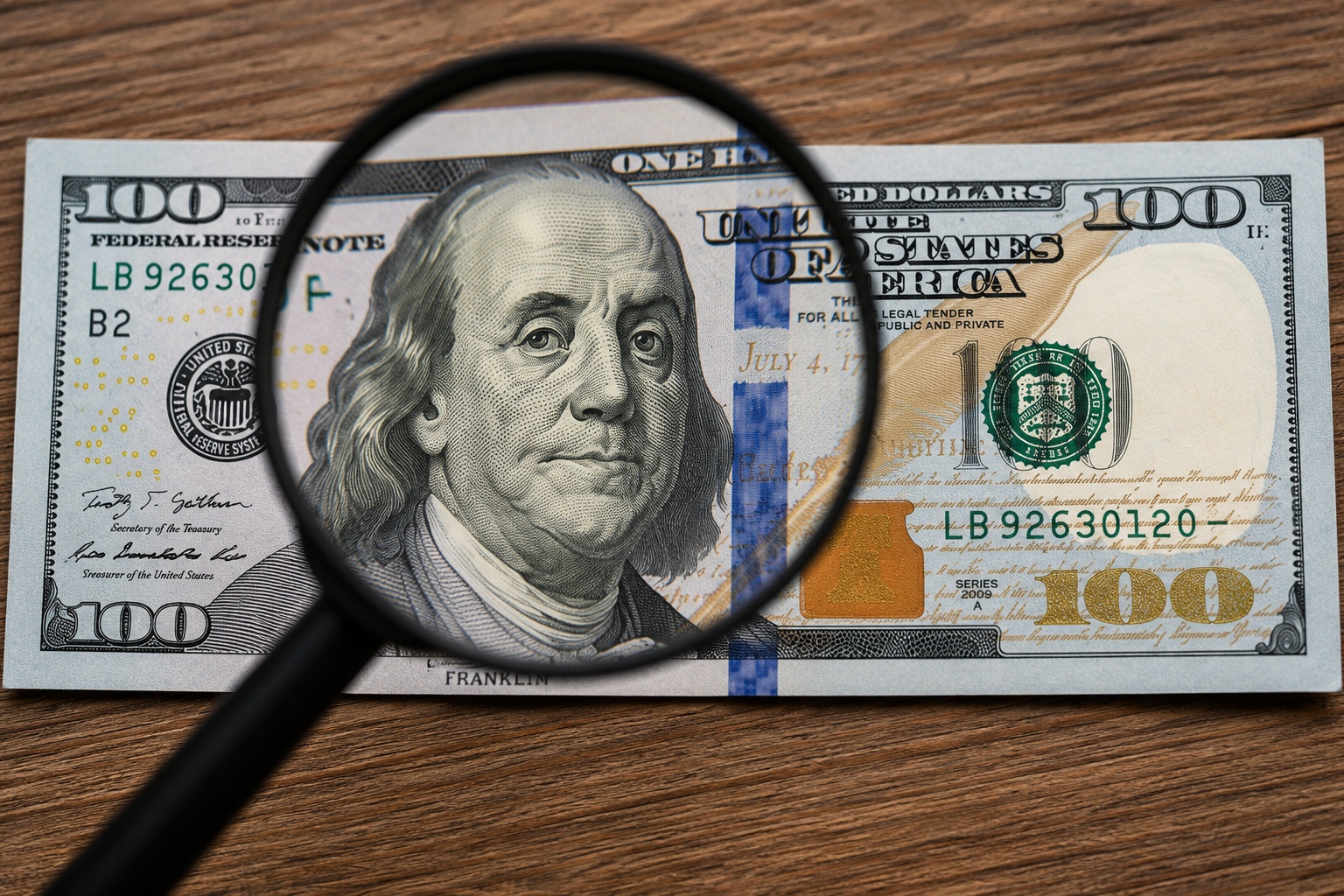 Magnifying glass examining a one hundred dollar bill to represent reviewing closing costs and real estate transaction expenses
