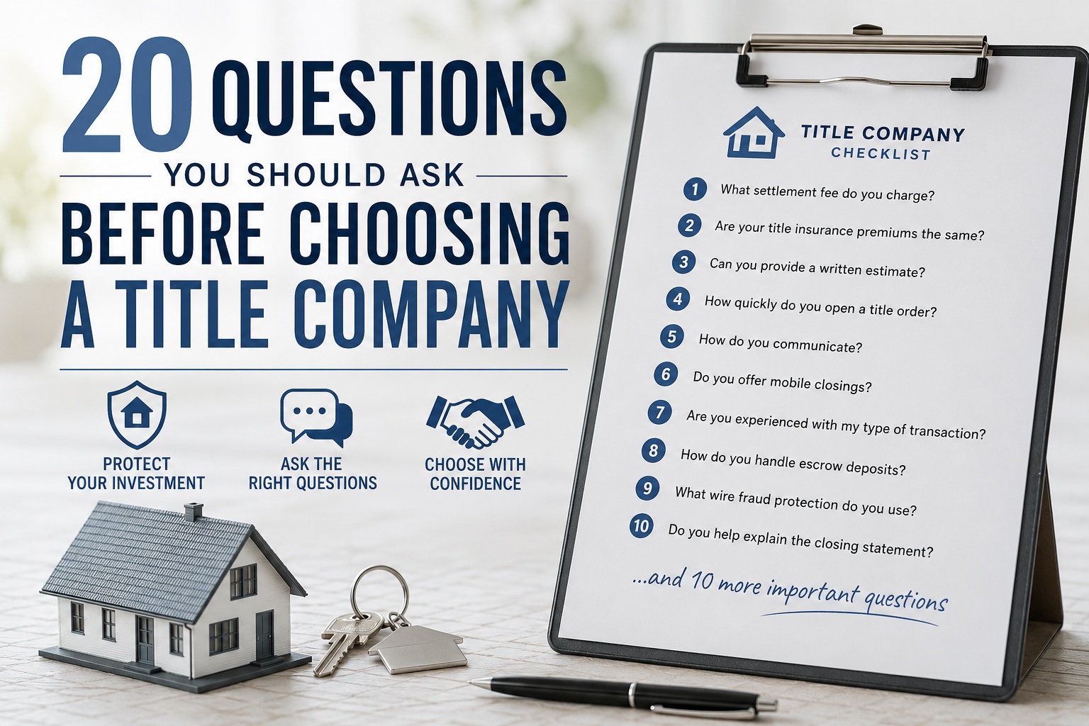 Checklist showing the 20 most important questions buyers, sellers, and Realtors should ask before choosing a Florida title company for a real estate closing.