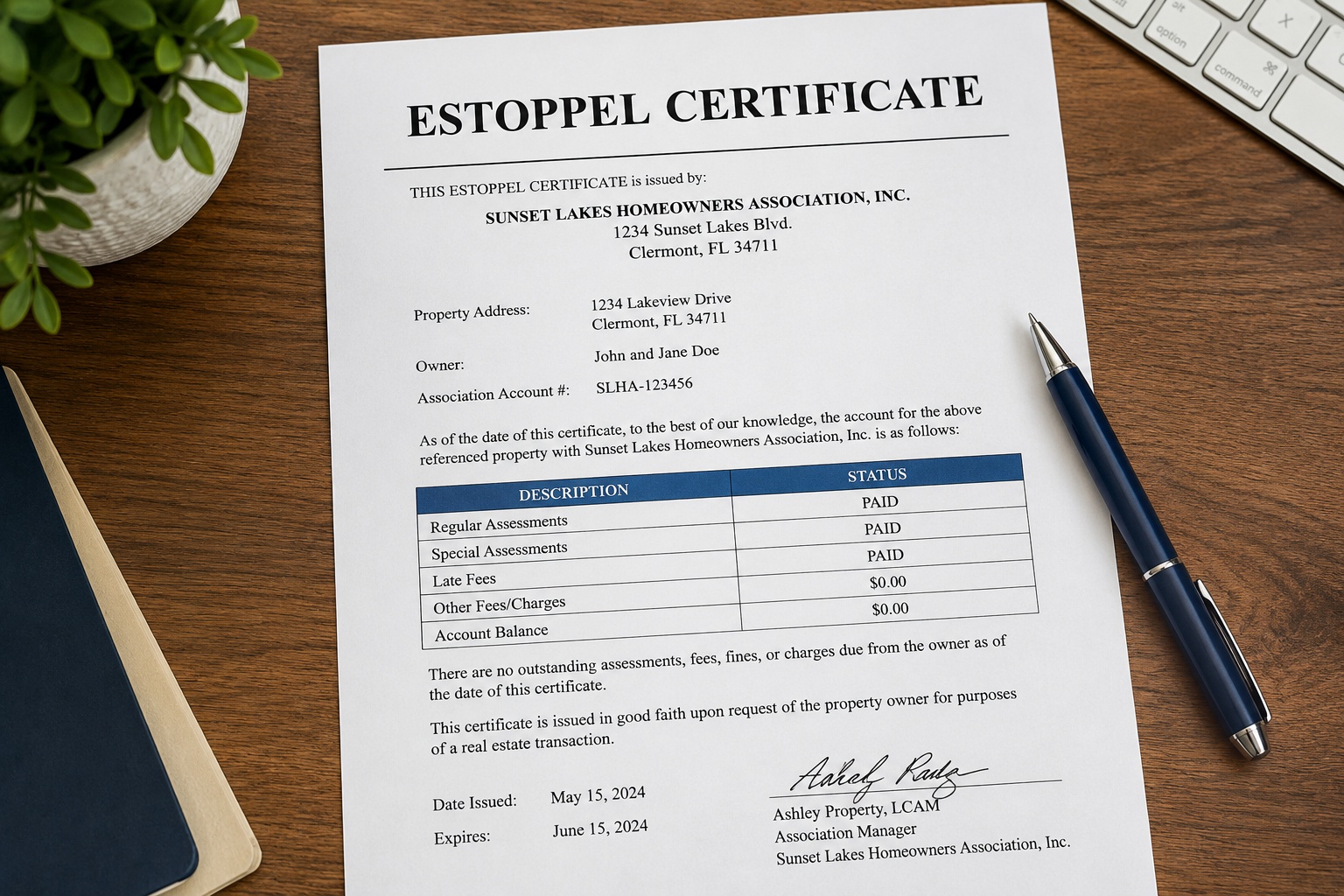 Example Florida HOA estoppel certificate used during a real estate closing showing association dues, assessments, fees, and account status.