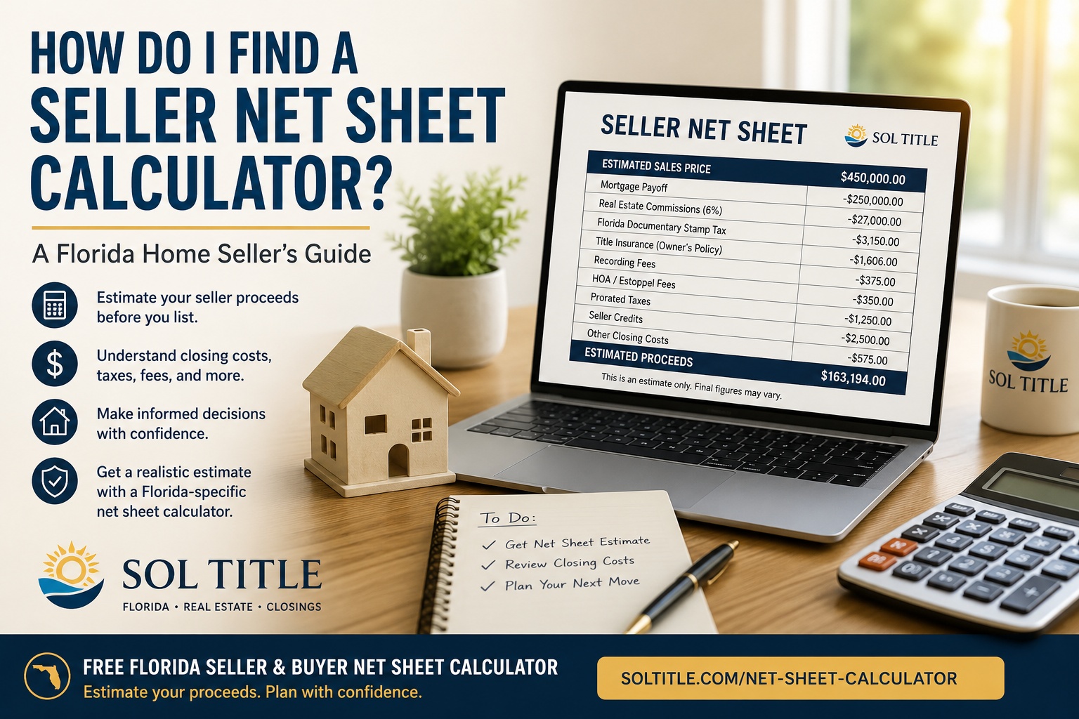 Florida seller net sheet calculator showing estimated home sale proceeds, closing costs, title insurance, and seller expenses before closing.