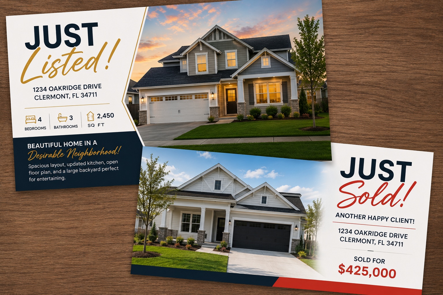 Real estate just listed and just sold postcards used for Realtor direct mail marketing