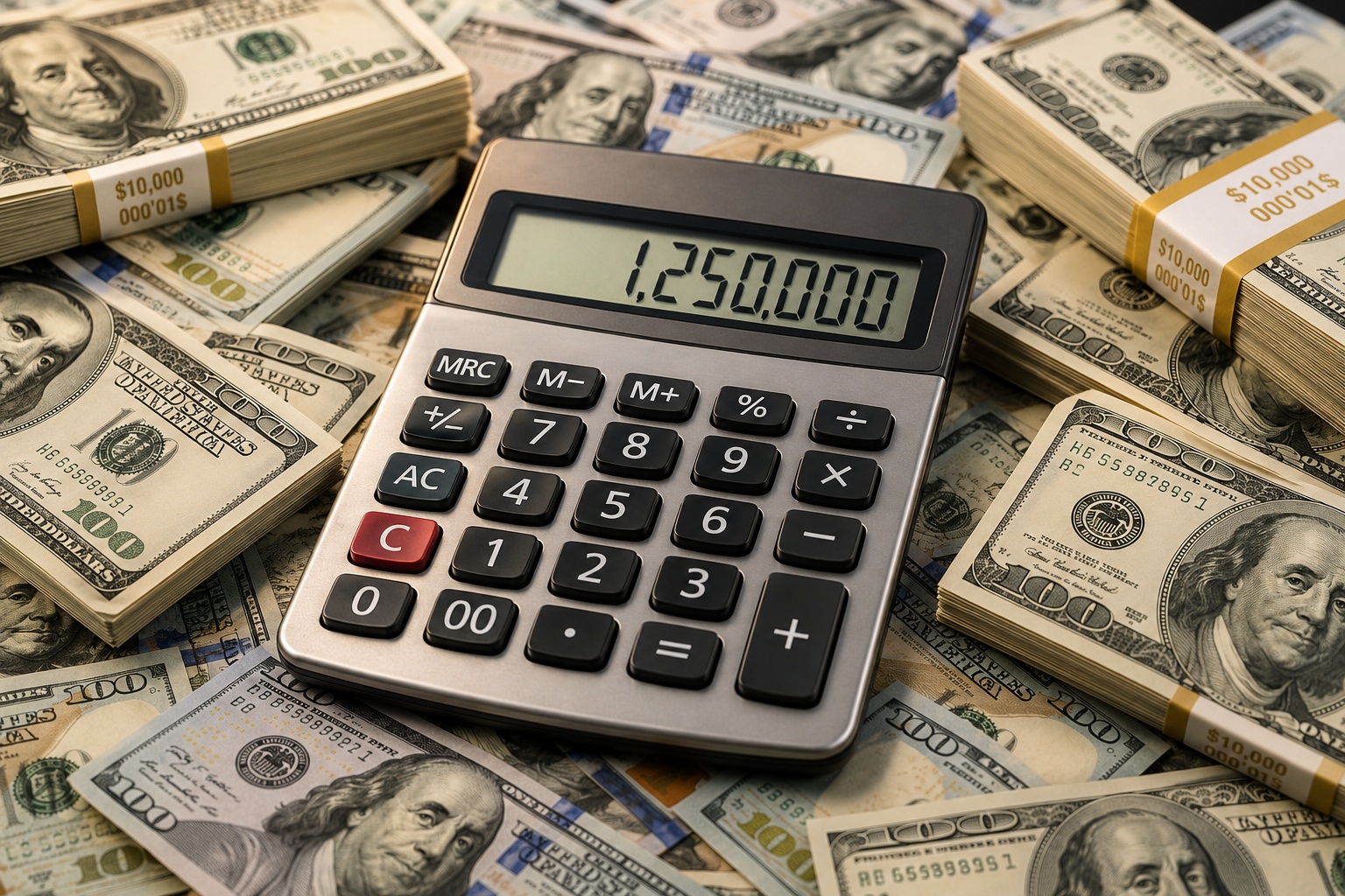Calculator surrounded by money representing Florida seller net proceeds and closing cost calculations