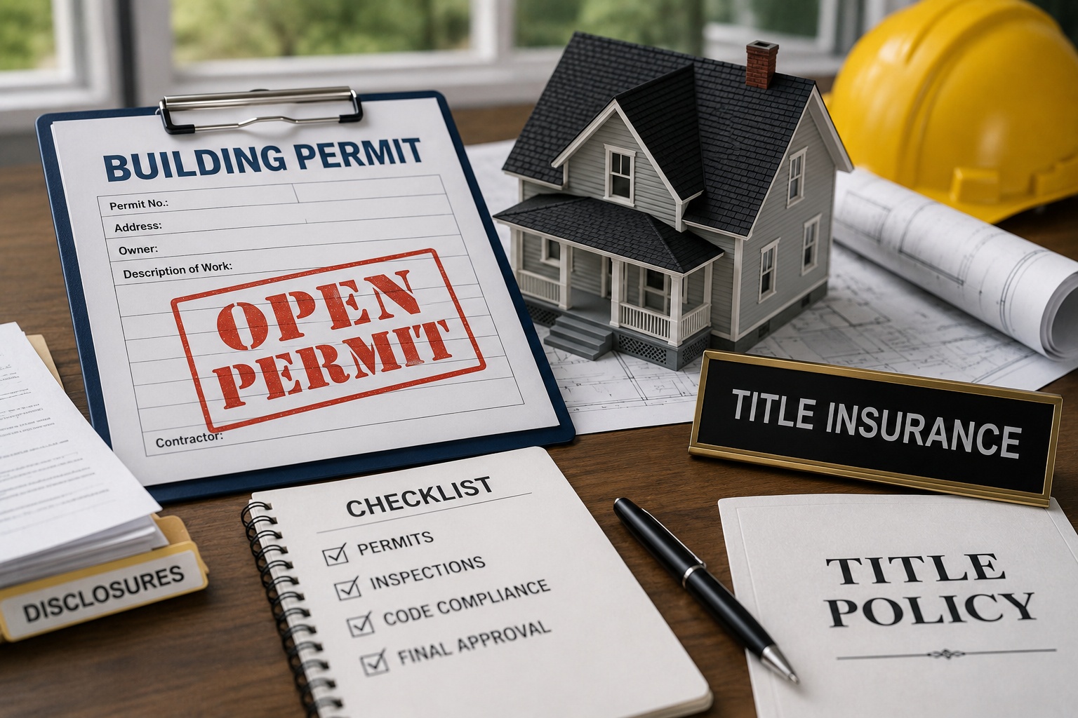 Open building permit documents next to a home model illustrating how open permits can affect a Florida real estate closing and title insurance.