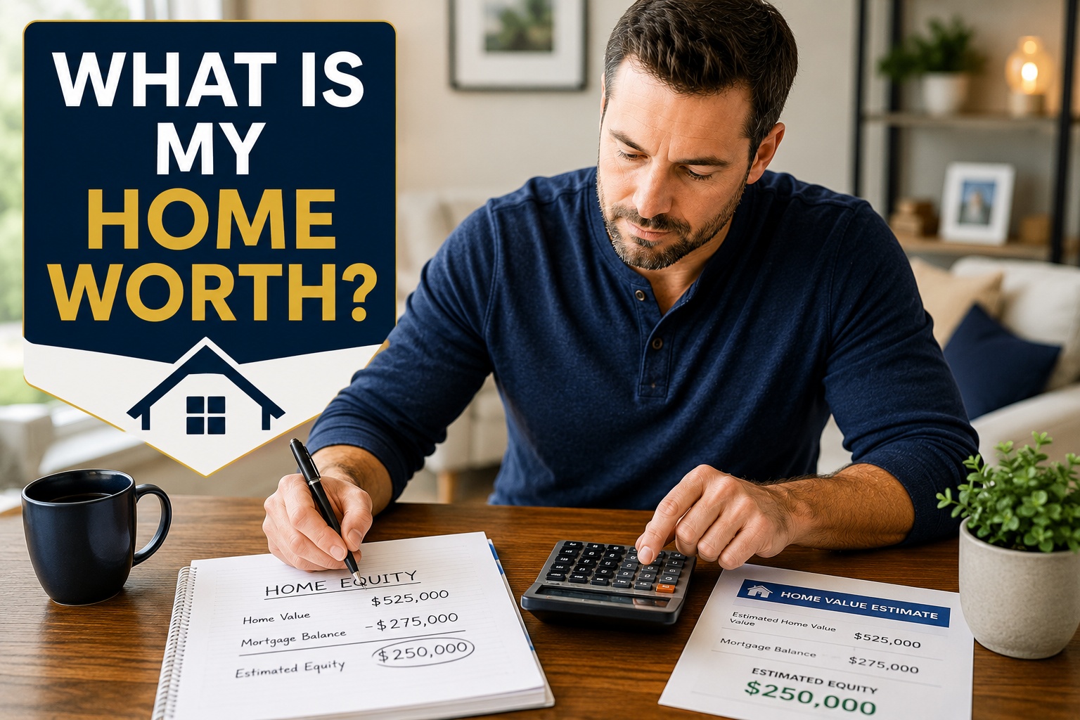 Florida homeowner calculating home equity with a calculator while estimating what their home is worth before selling.