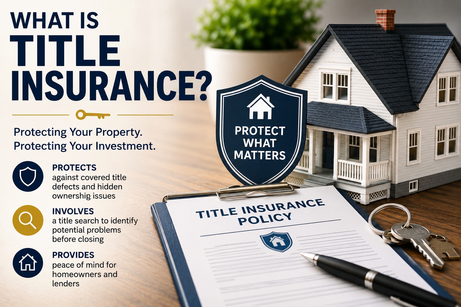 What is title insurance infographic explaining how title insurance protects Florida homebuyers from liens, ownership disputes, and title defects.