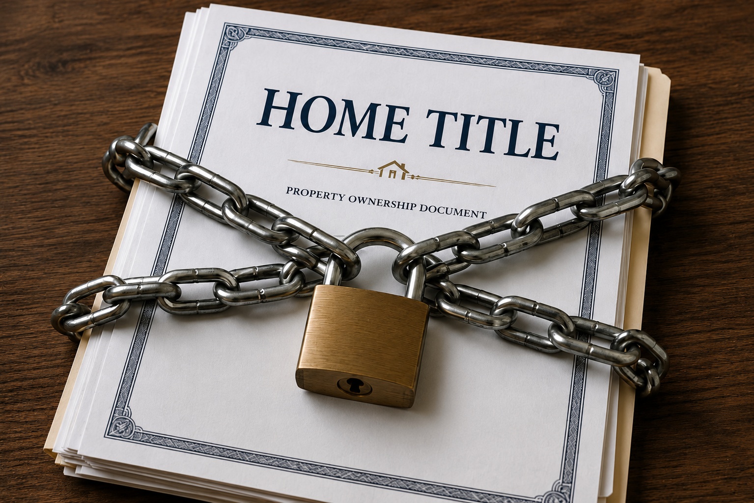 Home title document secured by chains and a lock representing title insurance protection