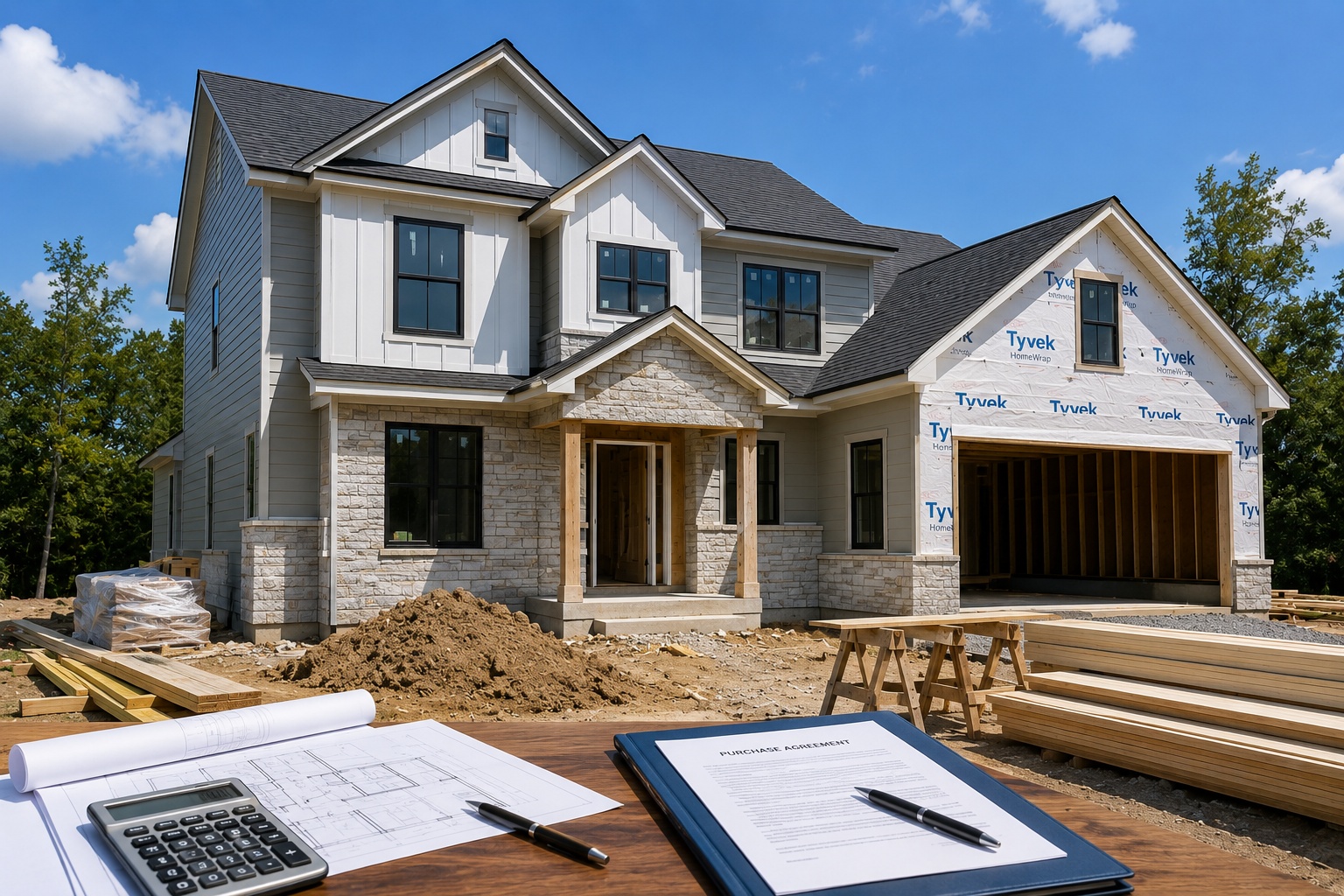 New construction home being built in Florida with closing documents and calculator