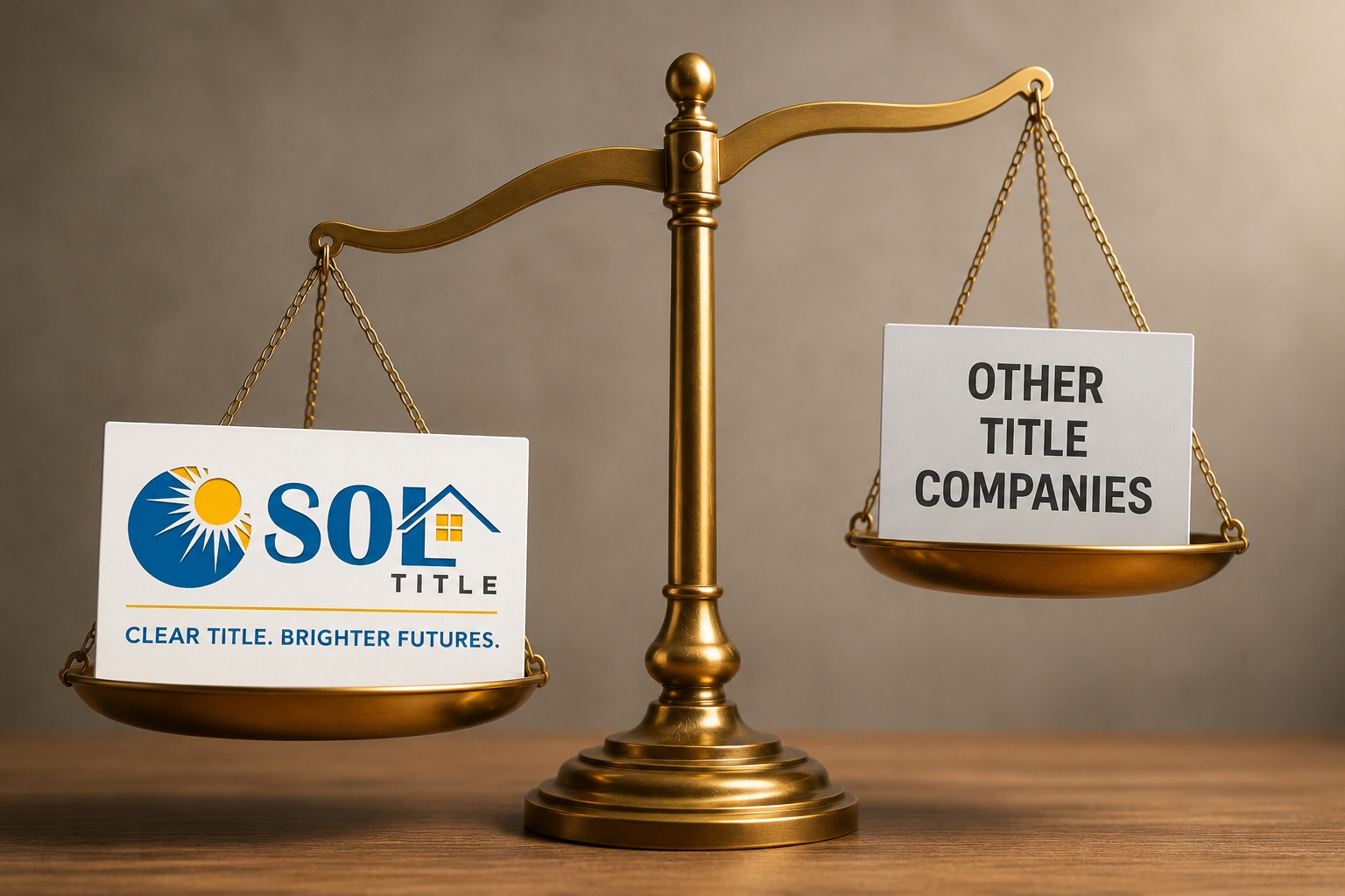 Sol Title compared to other Florida title companies using a justice scale illustration showing attorney-backed closings, title insurance services, escrow services, mobile closings, and $0 settlement fees.