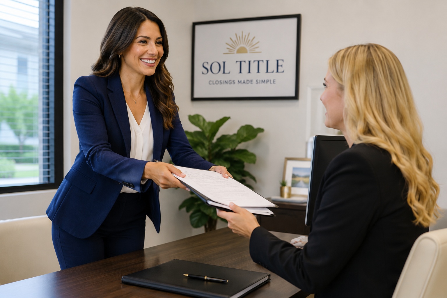 Transaction coordinator handing a fully executed real estate contract to a Realtor during the contract turnover process at a Florida title company.