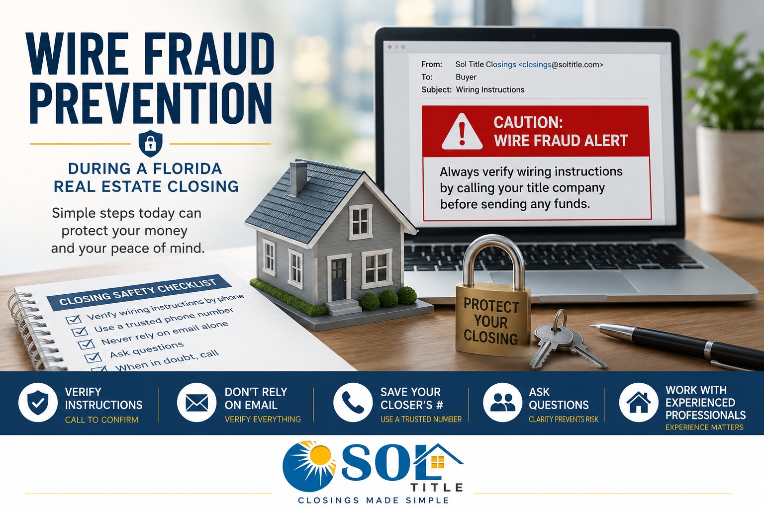 Wire fraud prevention tips during a Florida real estate closing with Sol Title.