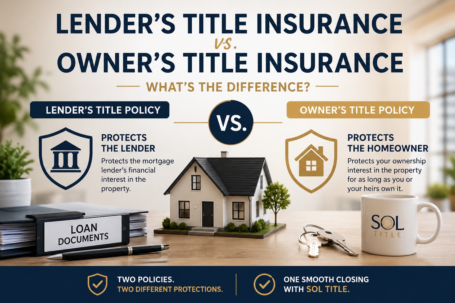 Infographic comparing lender's title insurance and owner's title insurance, explaining the differences and who each title policy protects during a real estate closing.