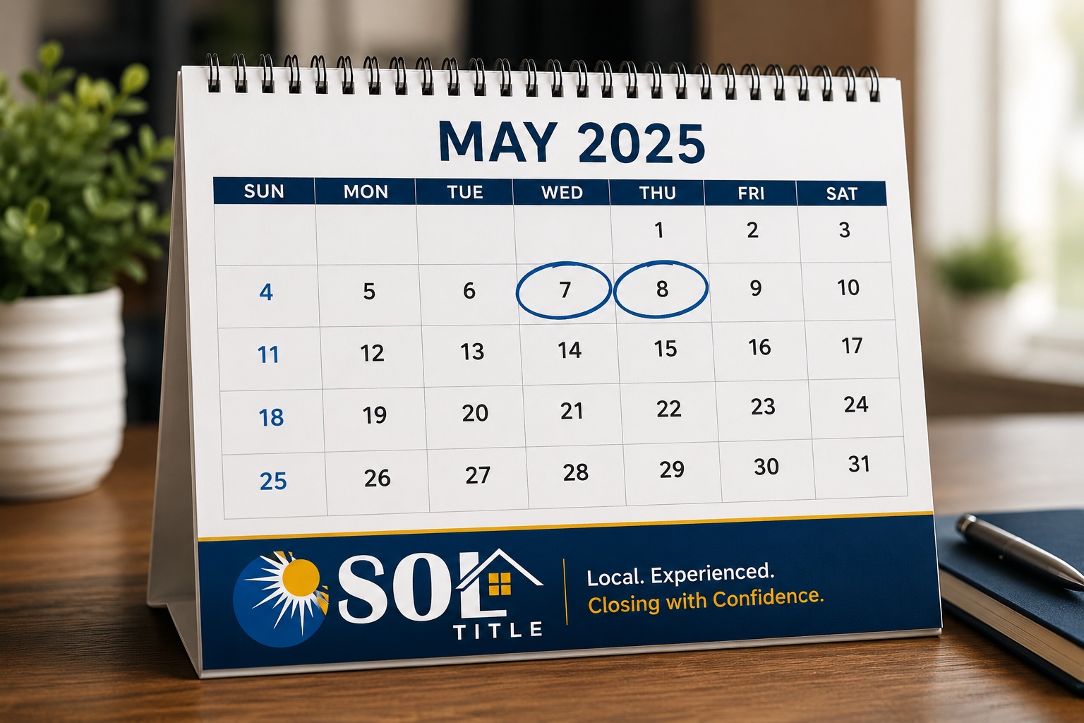 Desk calendar with Wednesday and Thursday circled, illustrating the best days of the week to schedule a real estate closing.