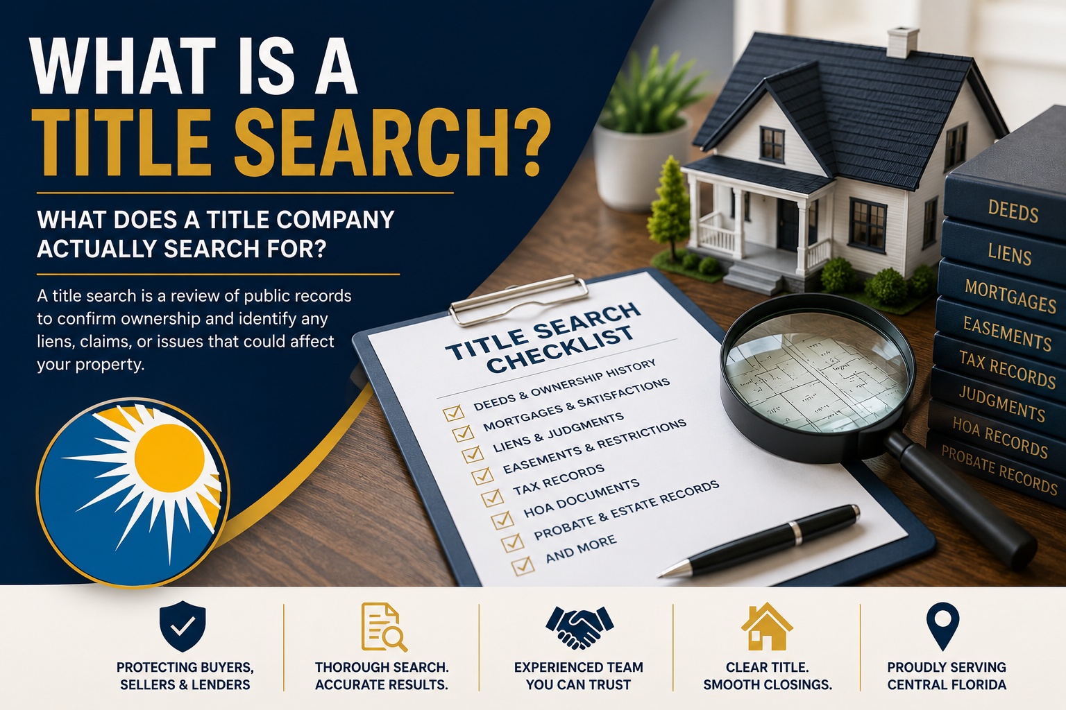 Infographic explaining what a title search is, what a title company searches for, including deeds, liens, mortgages, easements, tax records, and public records during a Florida real estate closing.